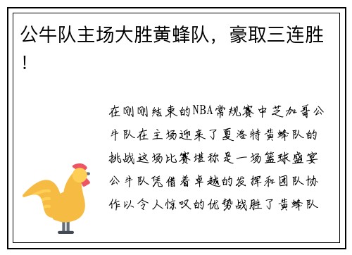 公牛队主场大胜黄蜂队，豪取三连胜！