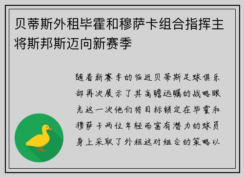 贝蒂斯外租毕霍和穆萨卡组合指挥主将斯邦斯迈向新赛季